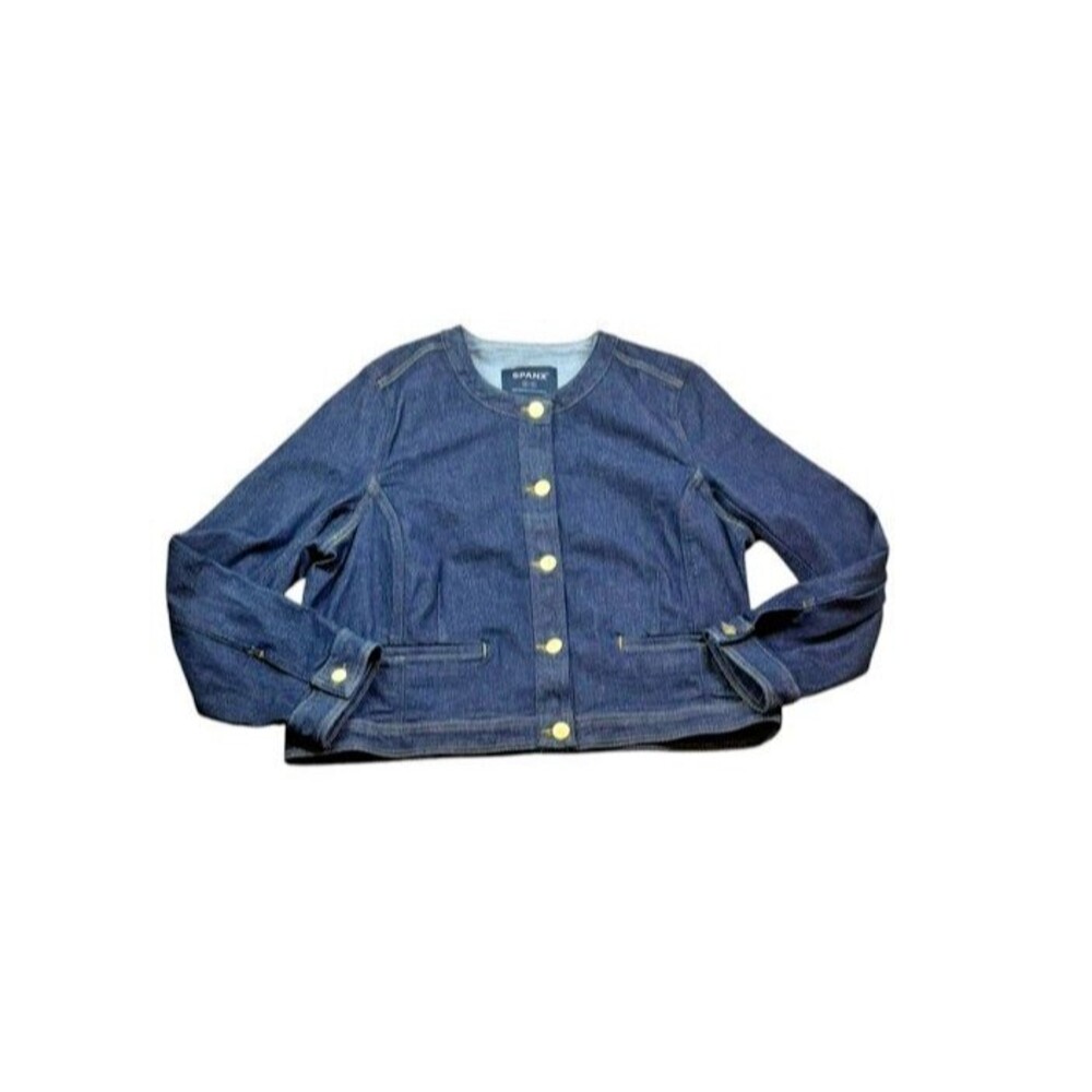 SPANX Womens Size 1X Collarless Blue Denim Jean Jacket Plus Stretch Gold Buttons